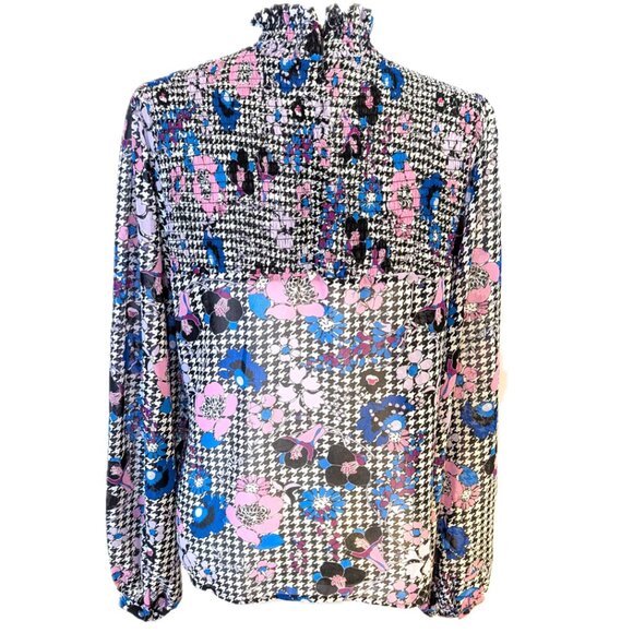 Guess | Floral Fantasy Houndstooth Print High Neck Blouse Pink Blue | Medium - Picture 4 of 12